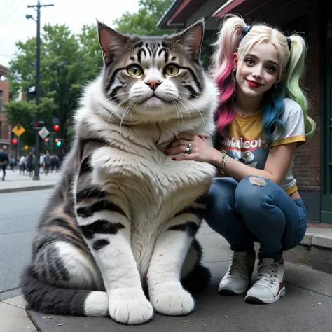 <lora:md_20230912225623:0.7> harley quinn, oversized cat, sidewalk