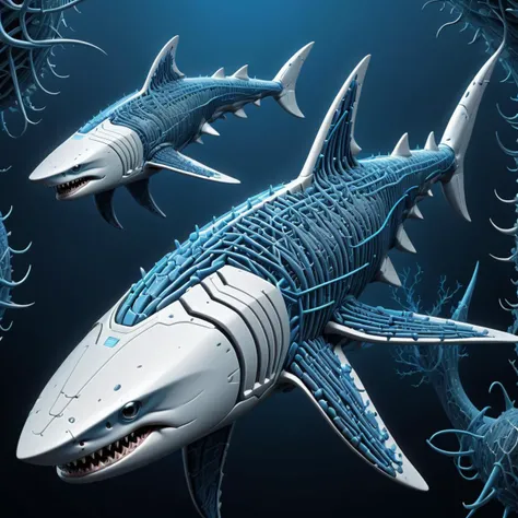 cyber shark, highly detailed mattepainting in a microscopic surface, style of grid electron microscope, neuronal, blue and white
<lora:mecha-000009 (1):0.4>