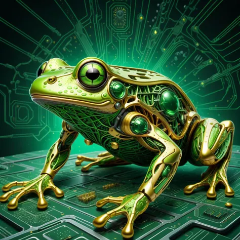 cyber Frog, highly detailed mattepainting in a microscopic surface, style of grid electron microscope, neuronal, green and gold
<lora:mecha-000009 (1):0.25>