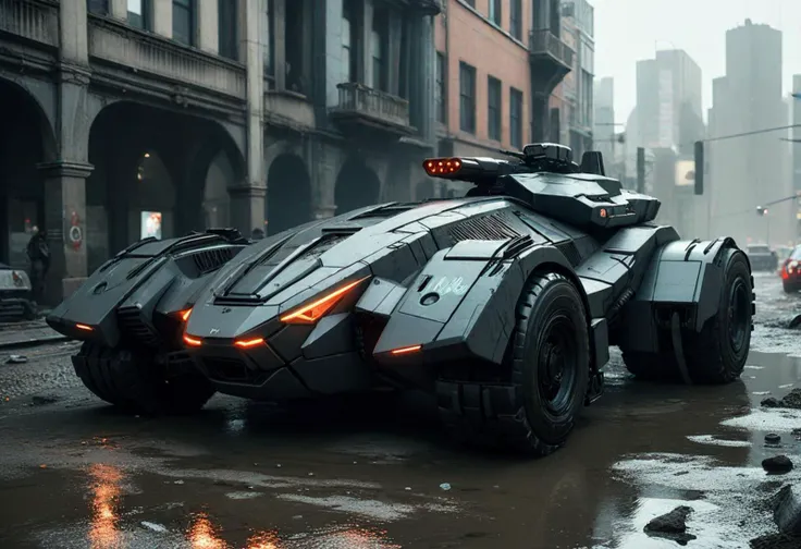 (medium full shot) of (stealthy mobile dark-gray futuristic armored car, batmobile style) with ballistic armor, elegant design, gas-turbine engine, EMP system, adorned with neon logos, set in  __cof-location/place/mysty-swamp__, during a daytime operation,...