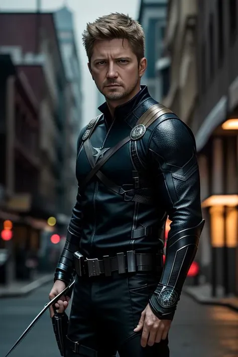 masterpiece, best quality, realistic, photorealistic, half body shot of hawkeye, marvel cinematic, detailed face, 8k, uhd, sharp...