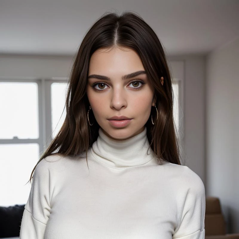 portrait shot, 3m1lyr4t4jv2, white_turtleneck_shirt, eyes, standing in livingroom