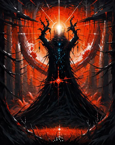 a painting of a demonic looking man standing in a forest