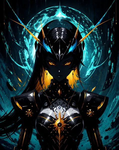 a woman in armor with a glowing head and yellow eyes