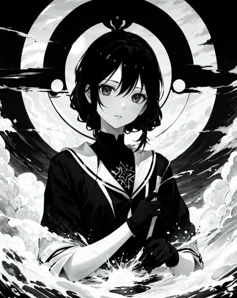 (masterpiece, best quality, high quality, highres, ultra-detailed),  <lora:AbstractDarkFantasy:0.8>,<lora:MangaHentaiStyleConceptv2:1.2>, 1girl, black hair, black gloves, sun, dark, monochrome, black and white, (manga:1.2),