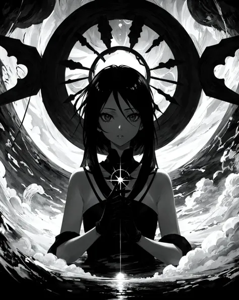 anime girl sitting in front of a wheel with clouds and a star