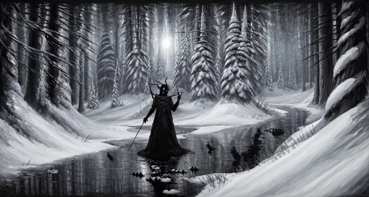 a painting of a person in a black robe standing in a forest