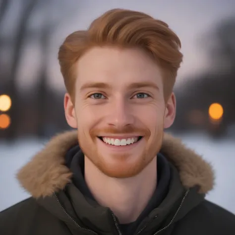 extremely content happy smile, A fit reddish blonde haired man in Jackson, Mississippi in winter at dusk