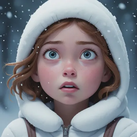 (cinema art by Modern Disney:0.7) , character art, surreal, medium close-up shot of a Dreamlike Girl, very light, Snowy, Suffering