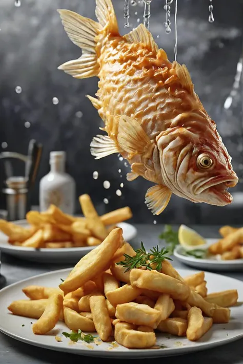 Create a stunning 8K ultra-realistic food photograph featuring classical fish and chips crafted in molecular kitchen style, beautifully decorated with intricate details. The composition should reflect Michelin-star presentation, with a focus on exquisite p...