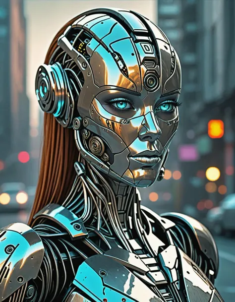 a close up of a robot with headphones on in a city