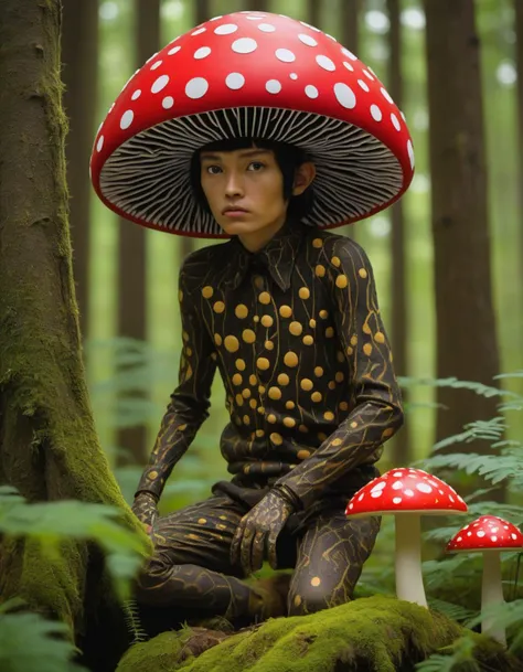 Mushroom man, forest dweller, mystical being, reminiscent of the artwork of Yayoi Kusama