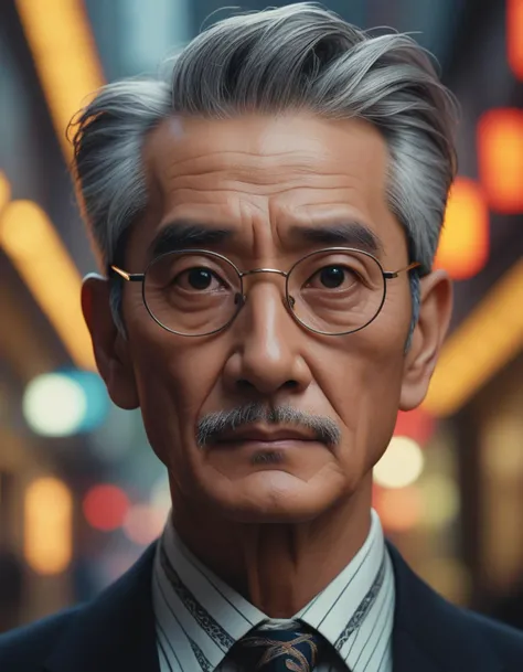 (a hyperrealism photo portrait of an excited darkwave old promptsalaryman lost in thought, face symmetry, intricate accurate details, cinematic color grading, cinematic, artstation, 8K:1.1) , it is wearing a Christcore fashion style all, Smoky Conditions, ...