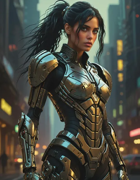 high quality visuals, dim Lighting, sharply focused, octane render, Sofia Boutella as a biomechanical cyberpunk bounty hunter wearing a space suit, intricate, elegant, highly detailed, centered, digital painting, artstation, concept art, smooth, sharp focu...