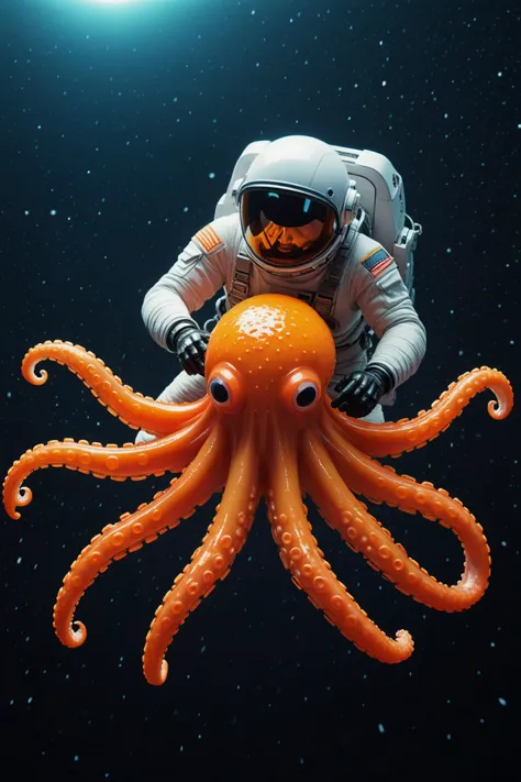 professional breathtaking cinematic movie still view from above of a wet squishy octopus squid space pilot fighting with a astronaut in an futuristic neon orange and black themed spaceship