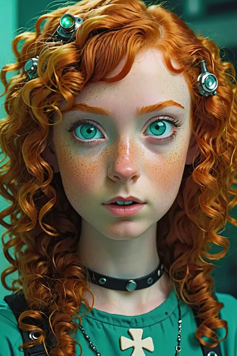 a cute irish 18yrs girl , happy, iced teal eyes, long curly ginger hair, silk skin texture, skin grain, Populuxe, Pulp Science Fiction, raygun gothic Rococopunk and Atompunk style.