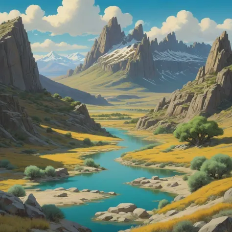 landscape of a 1940S 1900S (Vardzia:1.1) , concept art, Energetic lake with Sagebrush, Spring, Proud, contest winner, 64K, art by Naoki Urasawa, Antonio J. Manzanedo