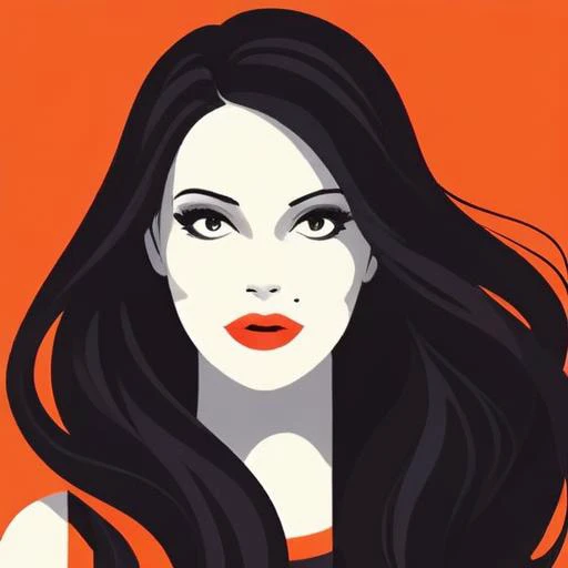 Colorful vector artwork of a portrait of a beautiful woman with long dark hair using only orange, red, black and white colors, flat, 2d, by Malika Favre <lora:Malika_Favre_Style_XL>