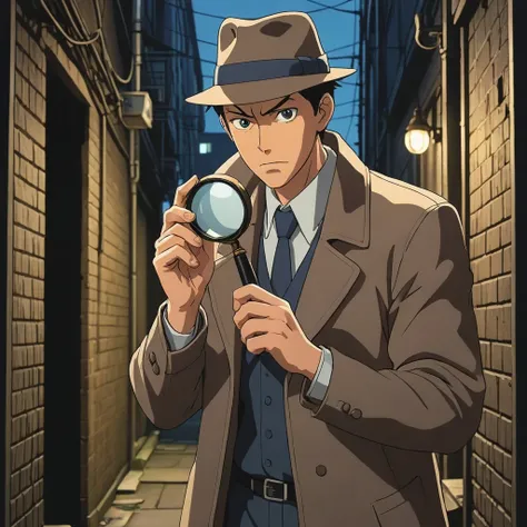 a close up of a person in a suit and hat holding a magnifying glass