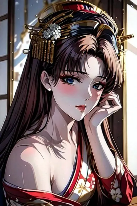 (masterpiece, best quality, ultra detailed, absurdres)1.5, 1girl, (sexy, beautiful woman, perfect face, perfect eyes, perfect female body)1.5, (tohsaka_rin_alt, oiran, off shoulder, extremely detailed clothes, floral print, fancy headdress, long hair, brow...