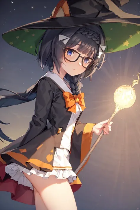 masterpiece, best quality, 
zenno rob roy (umamusume), 
holding staff, staff, light trail, electricity,
night sky, 
looking up, standing, from side, 
official alternate costume, halloween costume, hairclip, hair bow, blue bow, witch hat, star print, ears t...