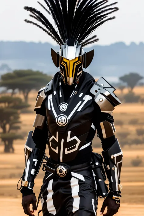 cyber_africa, a man with a mask and a helmet on his face and a zebra on his head and a zebra on his head, Bruce Onobrakpeya, warframe armor, cyberpunk art, afrofuturism