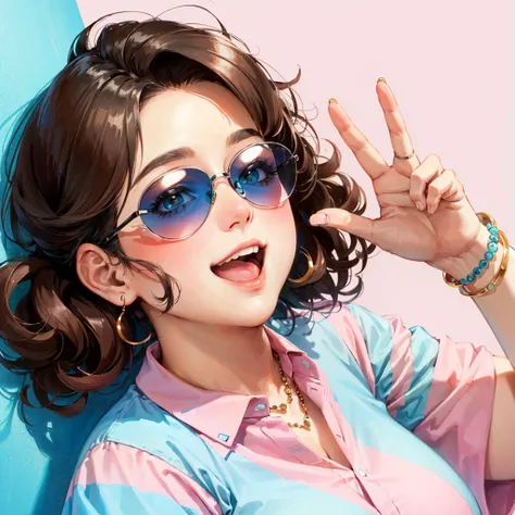 double chin, brown curly hair, bright colors, fun, a woman wearing sunglasses and a colorful shirt smiling at the camera with a pink background and a blue wall behind her, Arabella Rankin, sunglasses, a stock photo, (fat:1.6)