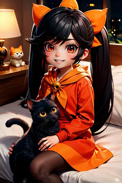 ashley (warioware), black twintails, long black hair, orange hairband, orange neckerchief, red eyes,red dress, skull ornament, pantyhose, looking at viewer, happy, evil grin, from_above, 
sitting, petting a cat, black cat, inside a bedroom, night time, sof...