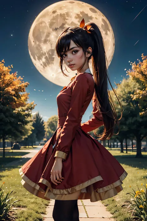 ashley warioware, black twintails, long hair, orange hairband, red eyes,red dress, skull ornament, pantyhose, looking at viewer, serious, medium shot,
standing, outside, park, trees, grass, autumn, night time, full moon, high quality, masterpiece,  <lora:A...