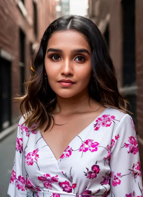 portrait of skswoman, anxious , wearing romper , with chocolate Beachy waves , background alleyway epic (photo, studio lighting, hard light, sony a7, 50 mm, matte skin, pores, colors, hyperdetailed, hyperrealistic), <lyco:Anikha Surendran:1.1>