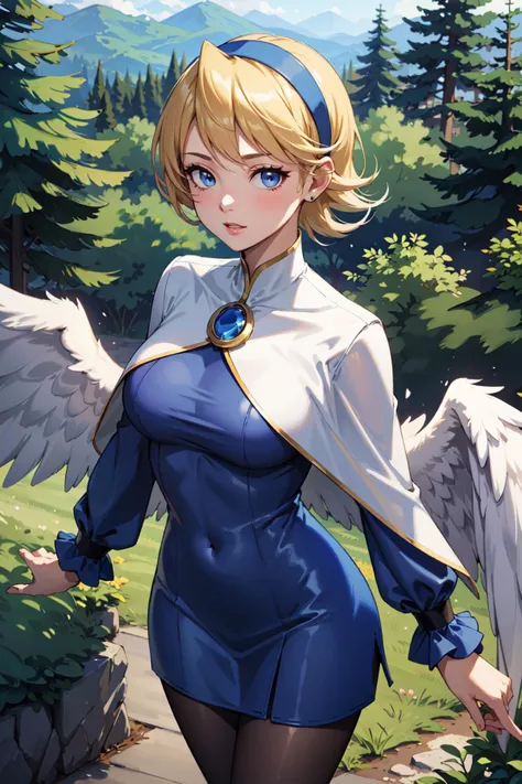 (masterpiece),(best quality),(high quality),(highres), cowboy shot:1.2),solo, 1girl, large breasts, wide hips, Looking at viewer,dynamic pose:1.2, forestscape scenery:1.2, from above, 
ddnina, blonde hair, short hair, swept bangs, hairband, blue eyes, ange...