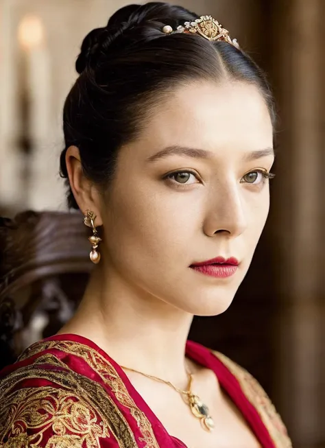 medium portrait close up of a Beautiful sks woman, (messy bun), sitting on a wooden chair, wearing a fancy Victorian era dress, seductively posing, medium breasts, pale skin, dark red lips, dark eye shadow, ornate pendant, sitting in front of a large stone...