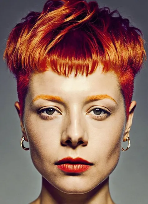 portrait of sks woman by Flora Borsi, style by Flora Borsi, bold, bright colours, orange Mohawk haircut, ((Flora Borsi)), <lora:locon_emmadarcy_v1_from_v1_64_32:1.25>