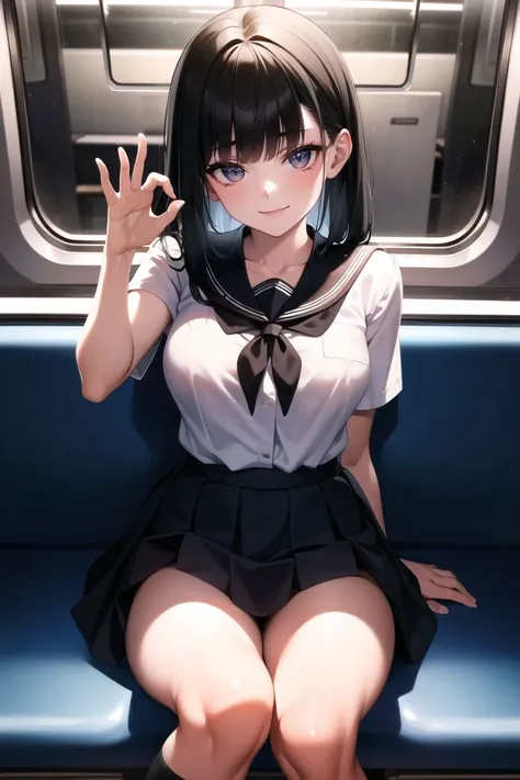 masterpiece, best quality, night time, cowboy shot, 1girl, medium breasts, black hair, white sailor fuku, black plate skirt, black socks, black shoes,
<lora:felges1:0.8>, fellatio gesture, looking at viewer, evil smile, sitting on the seat,
 <lora:transpor...