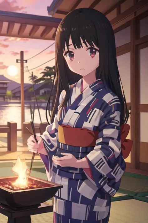 best quality, masterpiece, highres, solo, {yukata:1.40}, {kimono:1.20}, {aya_asagiri_mahoushoujosite:1.15}, long_hair, black_hair, serafuku, bangs, purple_eyes, anime_coloring, red_eyes