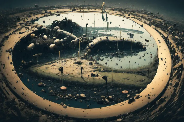 there is a circular picture of a pond with rocks and water