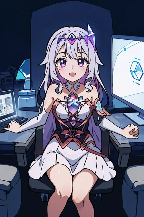 1girl, solo, :D, bedroom, gaming chair, computer monitor, sitting, KosekiBijou, hair ornament, white dress, strapless dress, crystal, detached sleeves, asymmetrical sleeves <lora:thicker lines anime:1> <lora:anime screencap:0.7> <lora:koseki bijou:1>