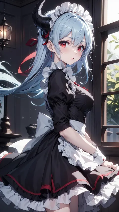 Pale blue hair, black horns, red eyes, masterpiece, best quality, Solo, <lora:Kurikara:0.5>, Kurikara, (Maid dress:1.2)