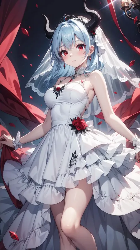 Pale blue hair, black horns, red eyes, masterpiece, best quality, Solo, <lora:Kurikara:0.5>, Kurikara, (Wedding dress:1.2)