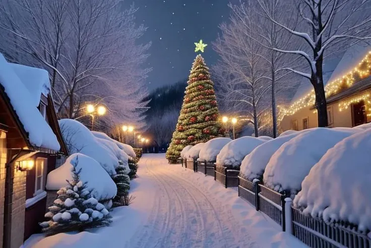 snowy street with christmas tree and lights in the background