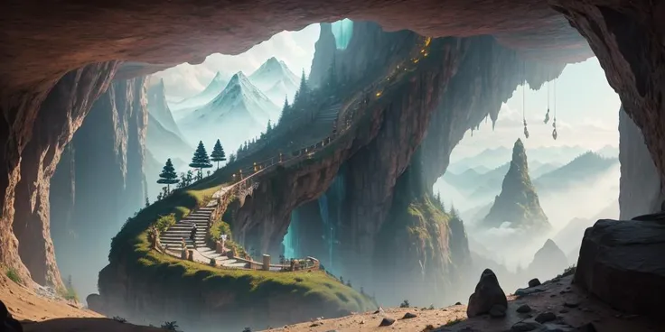 8K,UHD,HDR,highres,masterpiece,Highly detailed,
indoor,staircase,cave,
fantastic,mysterious,suspended and curled mountains,dongfang yuansu,strange and spectacular,the cave walls are inlaid with paintings,colorful paintings are hung on the curly mountain,ma...