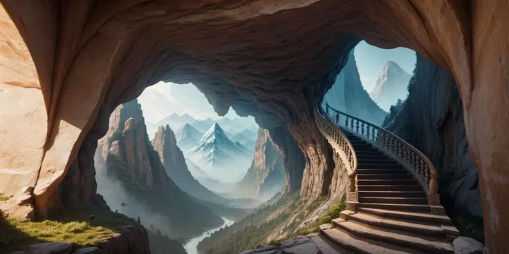 8K,UHD,HDR,highres,masterpiece,Highly detailed,
indoor,staircase,cave,
fantastic,mysterious,suspended and curled mountains,dongfang yuansu,strange and spectacular,the cave walls are inlaid with paintings,colorful paintings are hung on the curly mountain,ma...