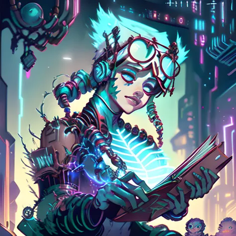 robot reading a book, kkw-el-fire, kkw-FX-glowline, style-swirlmagic <hypernet:sxzBloom_sxzBloom:1> <lora:nighttime_v1:-1> <hypernet:LuisapCyberpunk_v1:1>