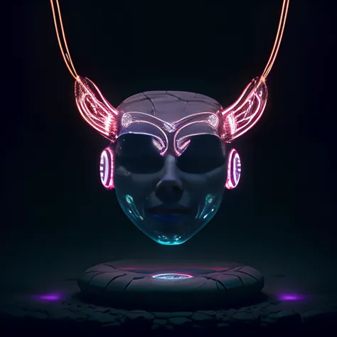 a close up of a neon mask with horns on a pedestal