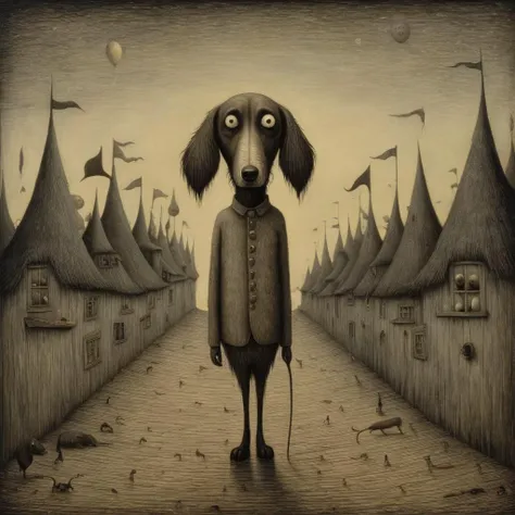 a photo of<lora:John Kenn Mortensen Style:1> John Kenn Mortensen Style page - high resolution, surreal, dog