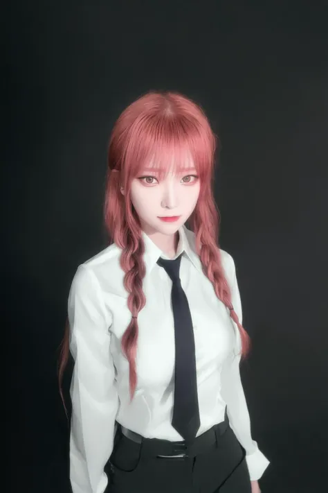 makima (chainsaw man), best quality, ultra detailed, 1girl, solo, standing, red hair,1 long braided hair, golden eyes, bangs, medium breasts, white shirt, black necktie, stare, smile, (evil:1.2), looking at viewer, (interview:1.3), (dark background),black ...