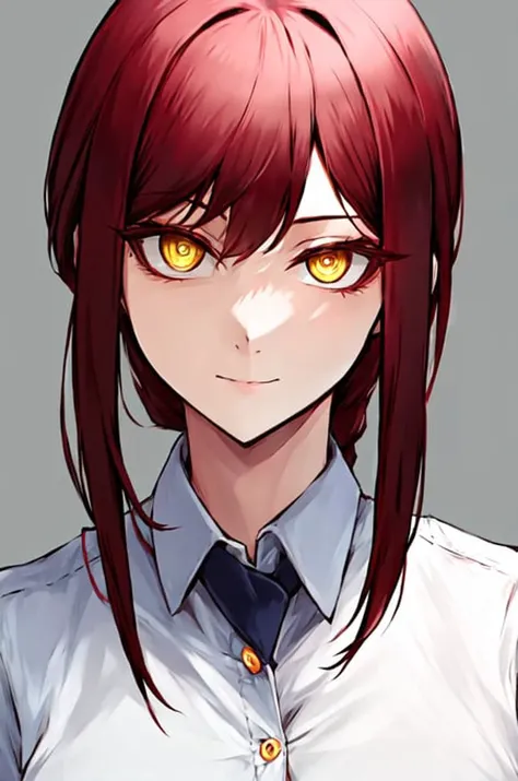 anime girl with red hair and yellow eyes wearing a white shirt（makima (chainsaw man))