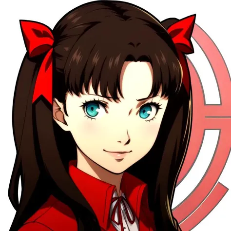 anime girl with long black hair and red bow in red shirt