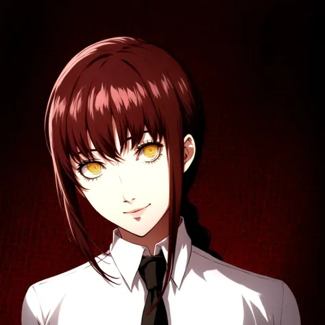 anime girl with long hair and yellow eyes in white shirt and tie