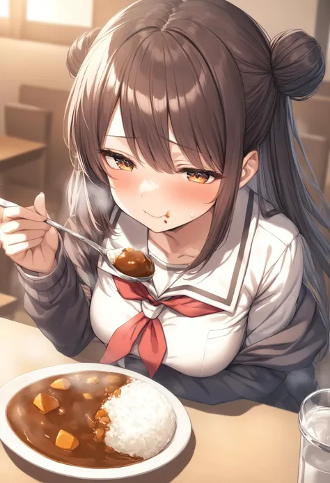 anime girl eating a meal of rice and meat with a spoon